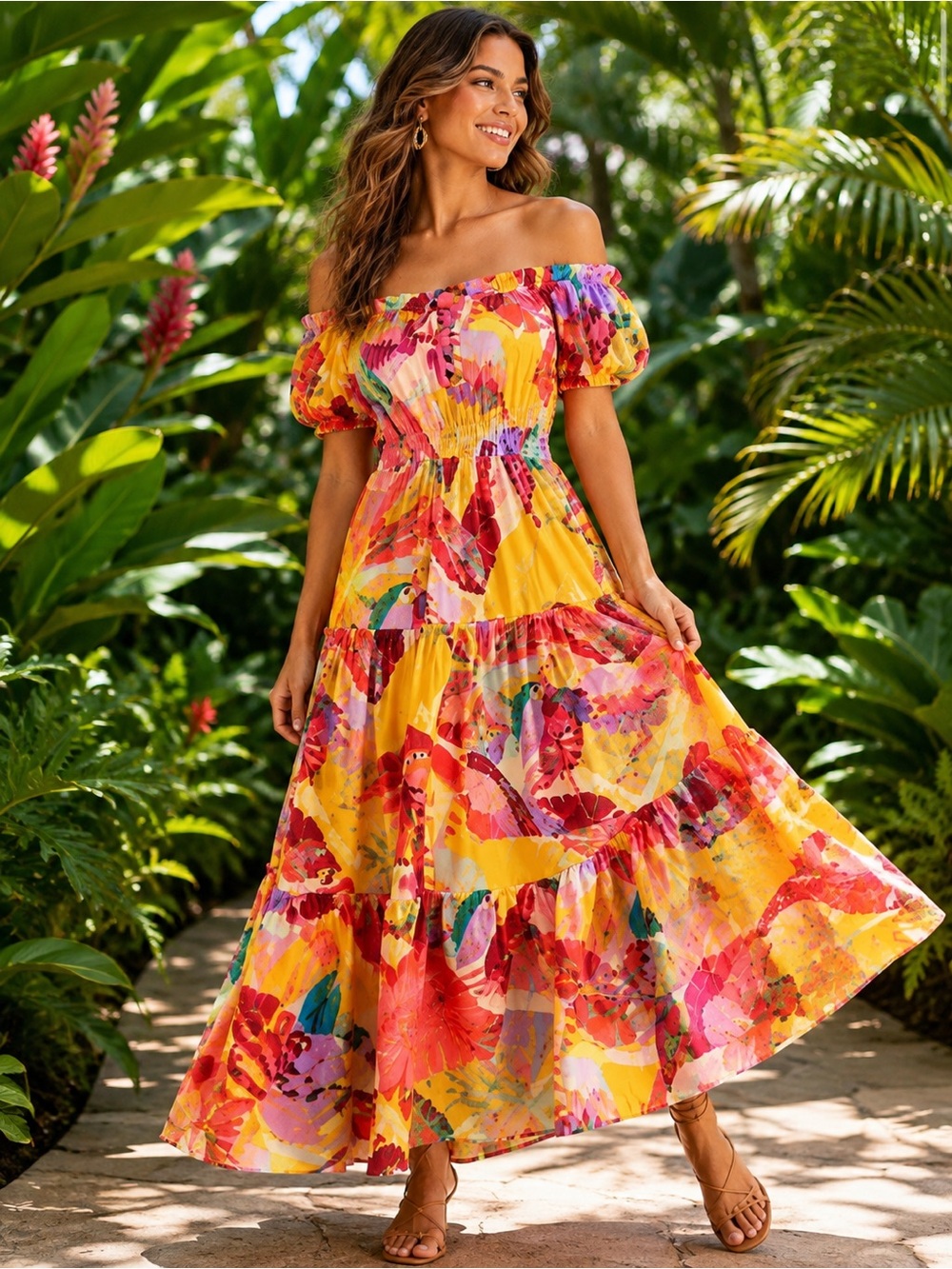 FARM Rio Tropical Parrot Off Shoulder Tiered Maxi Dress Puff Sleeve S